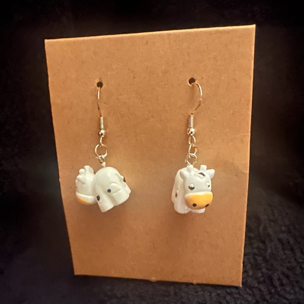 White Cow Charm Drop Earrings - Cute Animal Dangle Earrings